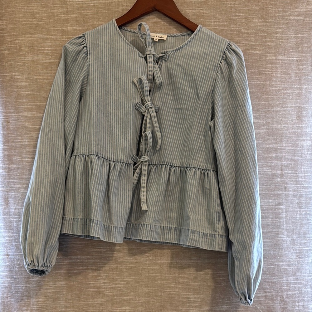 Peplum Blouse with Cuffed Sleeves and Tie Front